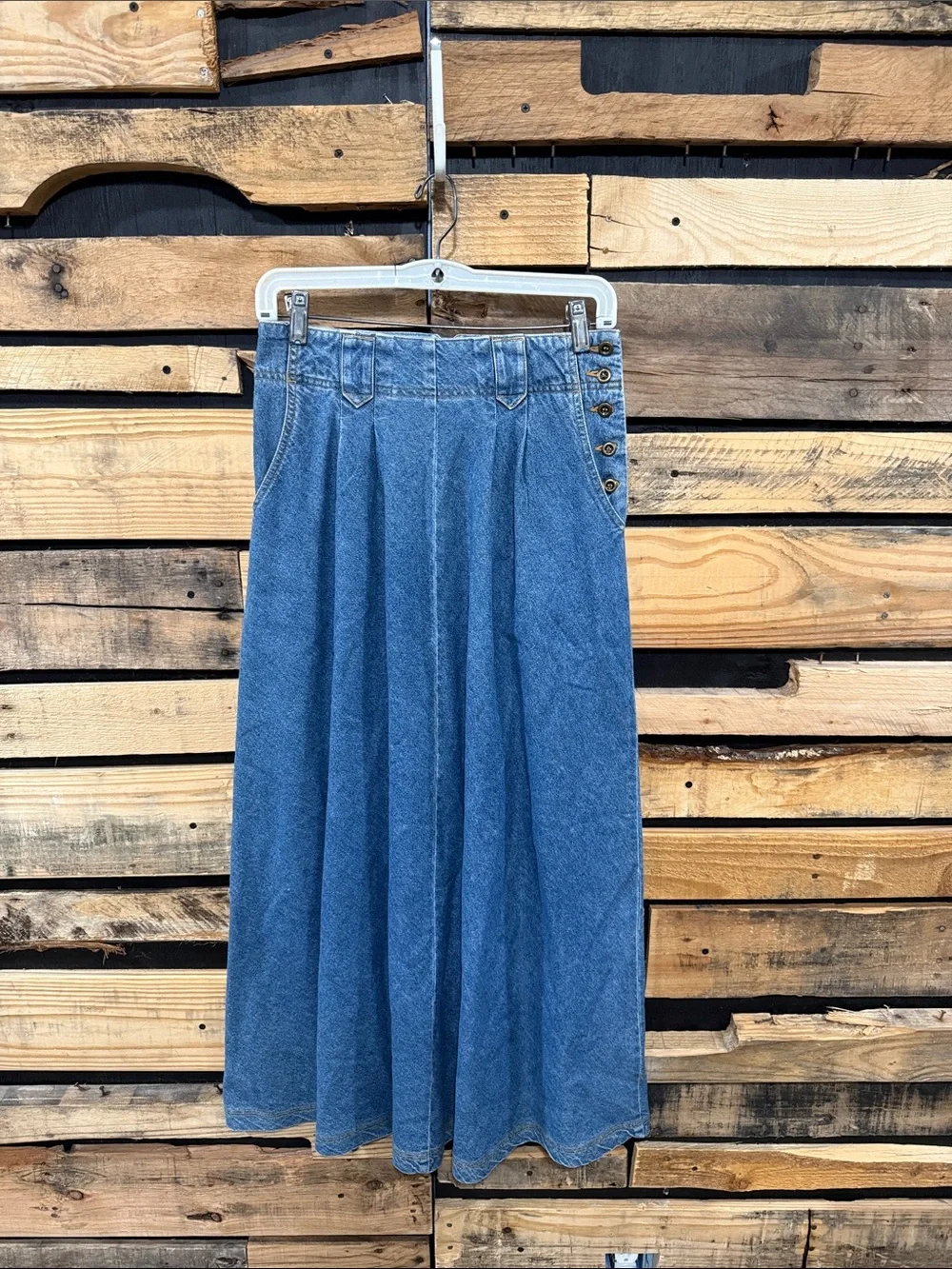 Vintage Eddie Bauer Long Denim Maxi Skirt Sz 10T Modest Pleated Button Blue Jean